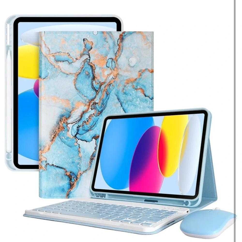 Marble Pattern Tablet Keyboard Case - Blue & Rose Gold